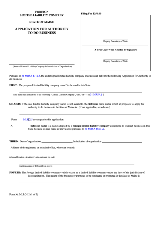 Fillable Form Mllc-12 Application For Authority To Do Business 2008 Printable pdf
