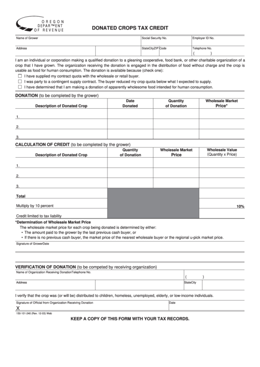 Form 150-101-240 - Donated Crops Tax Credit Printable pdf