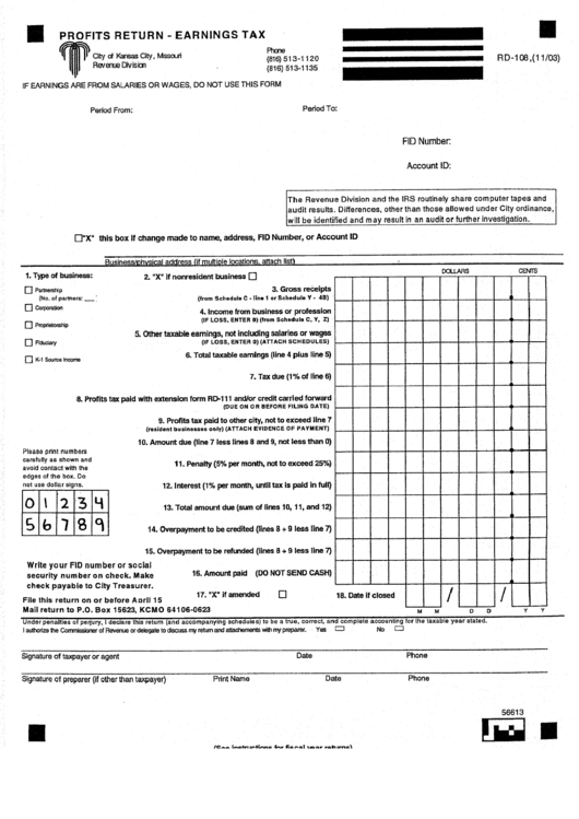 Form Rd-108 - Profits Return - Earnings Tax Printable pdf