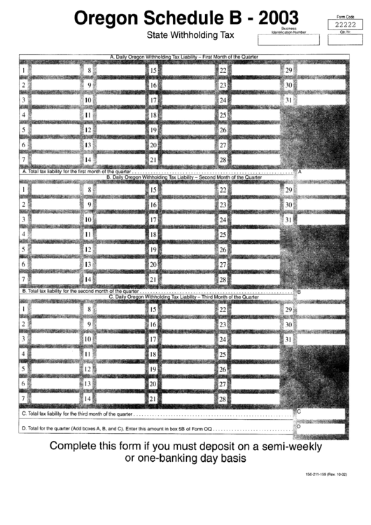 Oregon Schedule B - State Withholding Tax - 2003 Printable pdf