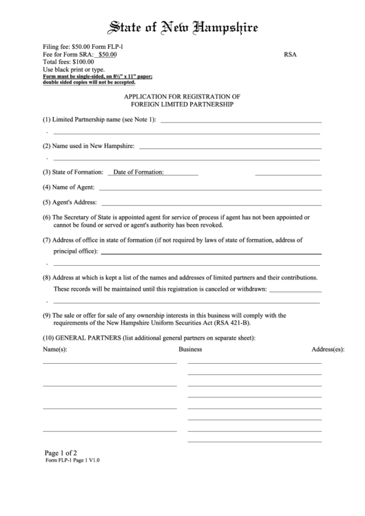 Fillable Form Flp-L - Application For Registration Of Foreign Limited Partnership - State Of New Hampshire - 2007, Form Sra - Addendum To Business Organization And Registration Forms Printable pdf