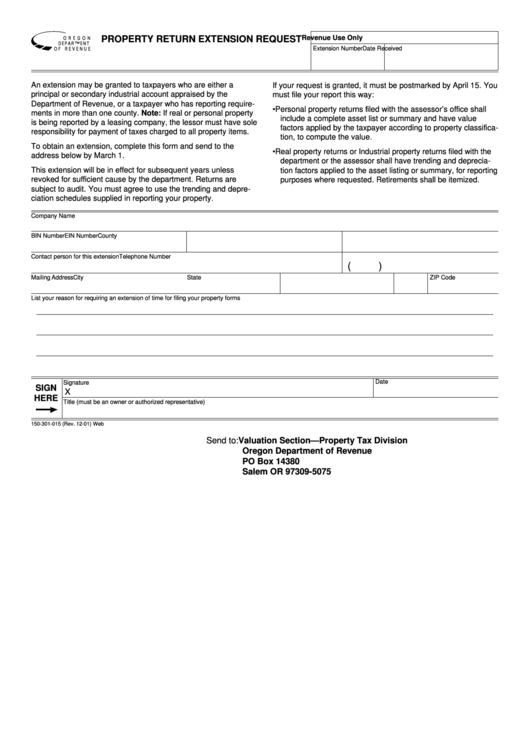 Form 150-301-015 - Property Return Extension Request Printable pdf