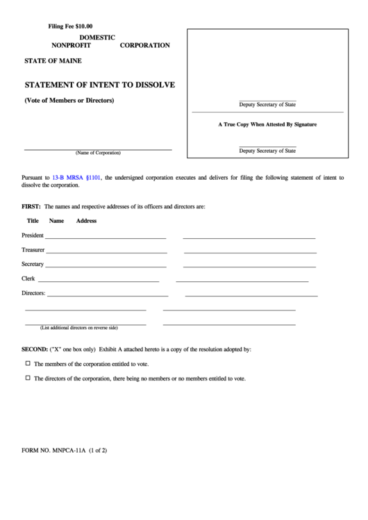 Fillable Form Mnpca-11a - Statement Of Intent To Dissolve Printable pdf