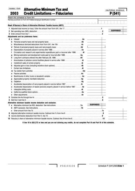 California Schedule P (541) - Alternative Minimum Tax And Credit Limitations - Fiduciaries - 2003 Printable pdf