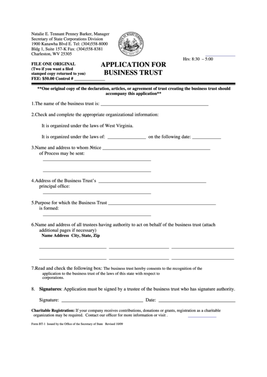 Fillable Form Bt-1 - Application For Business Trust - West Virginia Secretary Of State Printable pdf