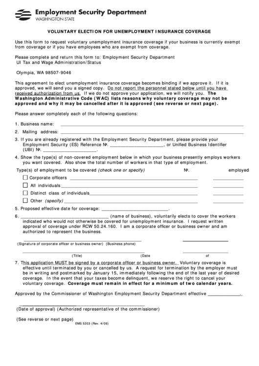 Form Ems 5203 - Voluntary Election For Unemployment Insurance Coverage Printable pdf