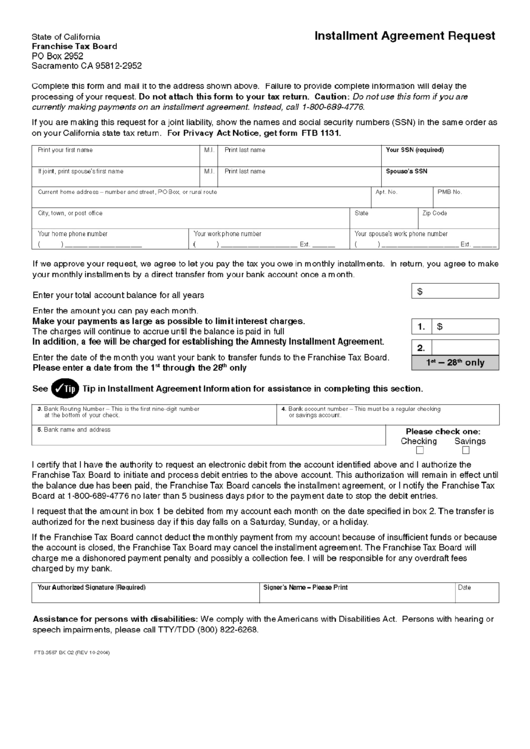 Form Ftb 3567 Bk C2 - Installment Agreement Request Printable pdf