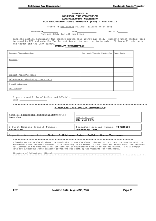 Appendix D - Authorization Agreement For Electronic Funds Transfer (Eft) - Ach Credit - Oklahoma Tax Commission Printable pdf