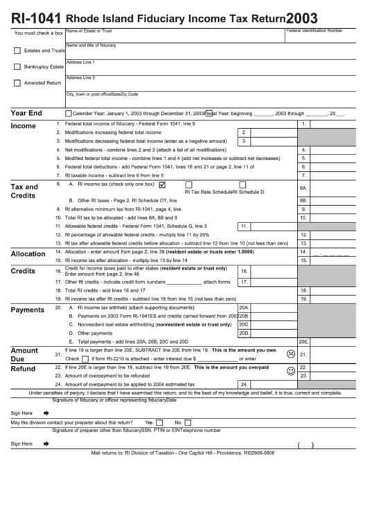 Form Ri-1041 - Rhode Island Fiduciary Income Tax Return - 2003 Printable pdf