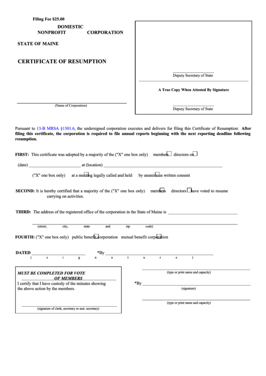 Fillable Form Mnpca-14a - Certificate Of Resumption - Maine Secretary Of State Printable pdf