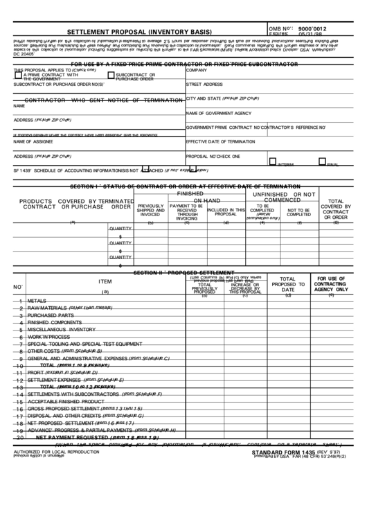 Form 1435 - Settlement Proposal (Inventory Basis) - Regulatory Secretariat Division Printable pdf
