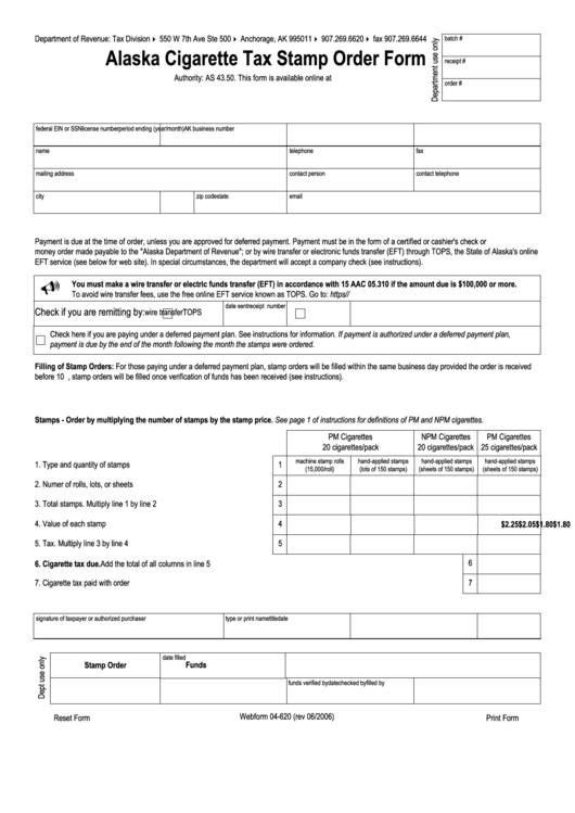 Fillable Form 04-620 - Alaska Cigarette Tax Stamp Order Form - Department Of Revenue Printable pdf