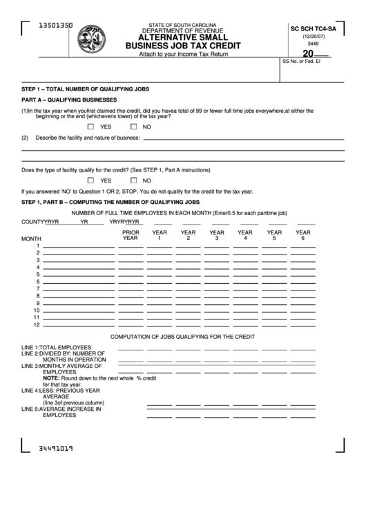 Form Sc Sch Tc4-Sa - Alternative Small Business Job Tax Credit - State Of South Carolina Department Of Revenue Printable pdf