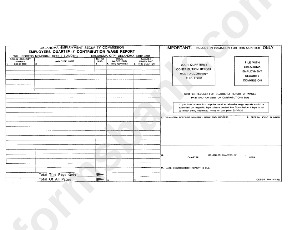 Form Oes-3-A - Employers Quarterly Contribution Report, Employers Quarterly Contribution Wage Report