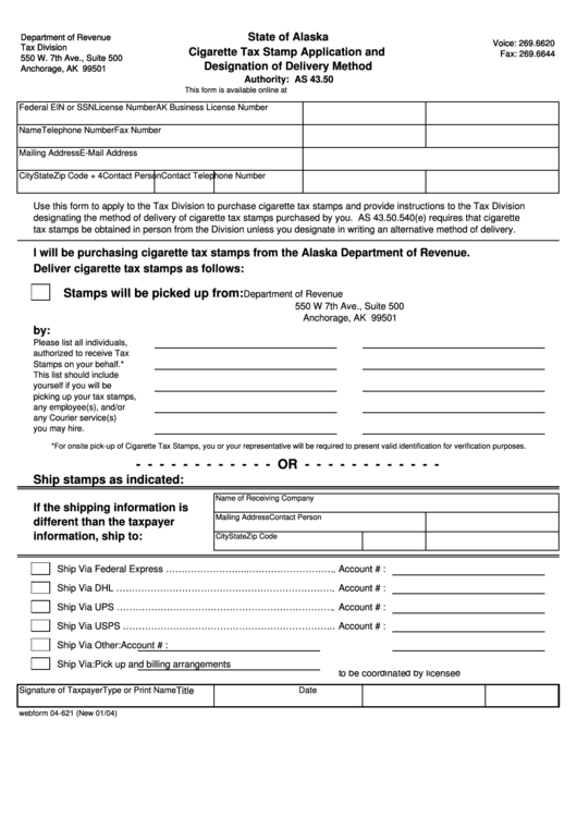 Cigarette Tax Stamp Application And Designation Of Delivery Method - Alaska Department Of Revenue Printable pdf