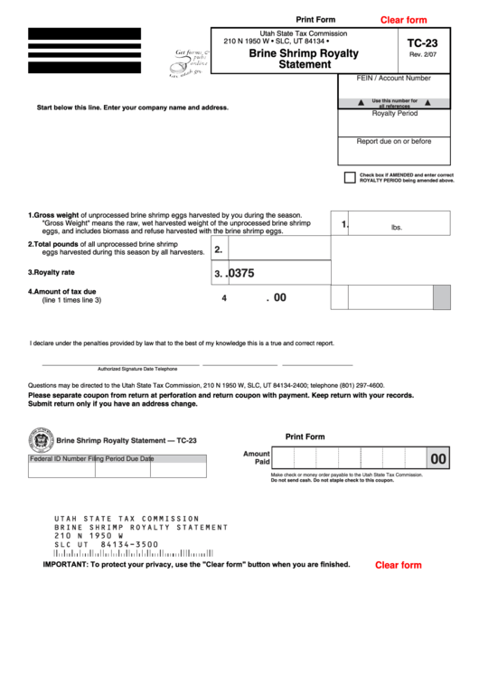 Fillable Form Tc-23 - Brine Shrimp Royalty Statement - Utah State Tax Commission Printable pdf