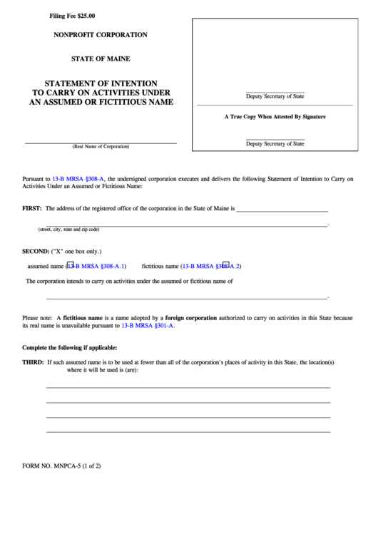 Fillable Form Mnpca-5 - Statement Of Intention To Carry On Activities Under An Assumed Or Fictitious Name For A Nonprofit Corporation - 2004 Printable pdf