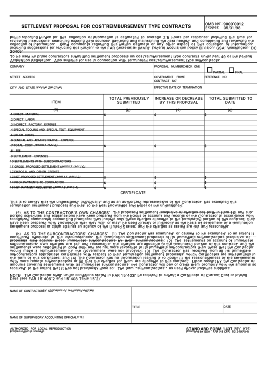 Fillable Form 1437 - Settlement Proposal For Cost-Reimbursement Type Contracts Printable pdf