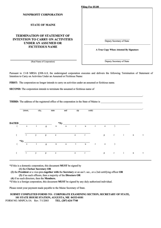 Fillable Form Mnpca-5a - Termination Of Statement Of Intention To Carry On Activities Under An Assumed Or Fictitious Name Printable pdf