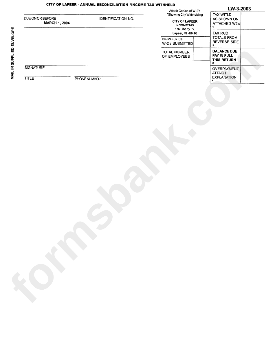Form Lw-3 - City Of Lapeer Annual Reconciliation Income Tax Withheld - 2003