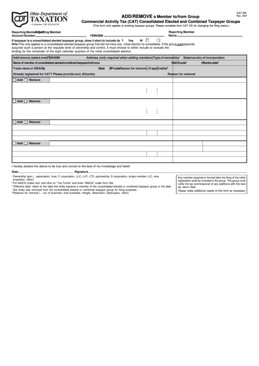 Form Cat Ar - Commercial Activity Tax (Cat) Consolidated Elected And Combined Taxpayer Groups - Ohio Department Of Taxation Printable pdf
