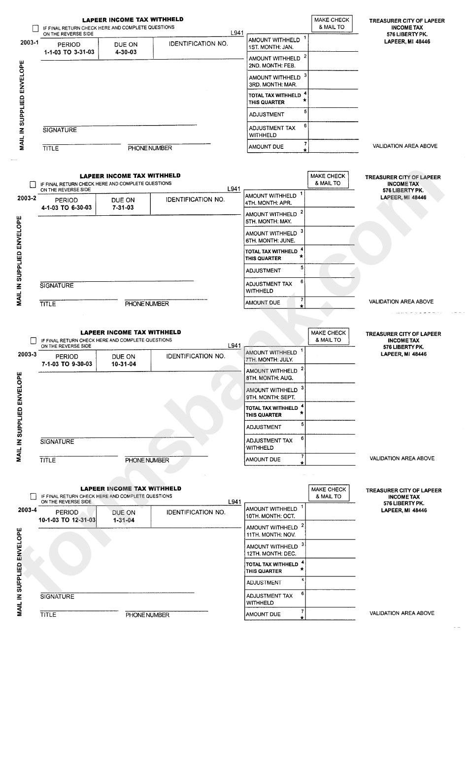Form L941 - Lapeer Income Tax Withheld - 2003