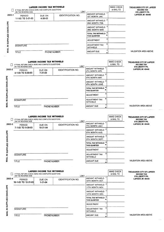 Form L941 - Lapeer Income Tax Withheld - 2003 Printable pdf