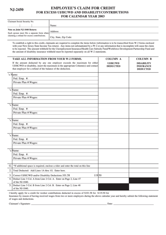 form-nj-2450-employee-s-claim-for-credit-2003-printable-pdf-download