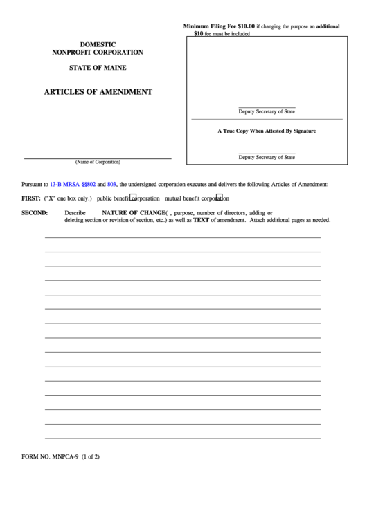 Fillable Form Mnpca-9 - Articles Of Amendment - Maine Secretary Of State Printable pdf