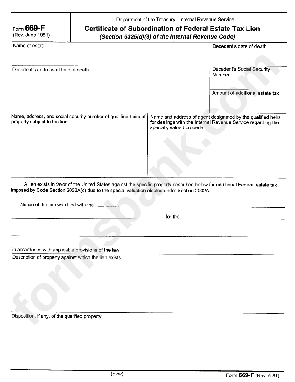 Form 669-F - Certificate Of Subordination Of Federal Estate Tax Lien - Department Of Treasury