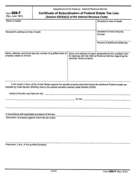 Form 669-F - Certificate Of Subordination Of Federal Estate Tax Lien - Department Of Treasury Printable pdf