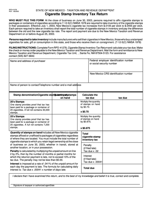 Form Rpd-41278 - Cigarette Stamp Inventory Tax Return - New Mexico Taxation And Revenue Department Printable pdf