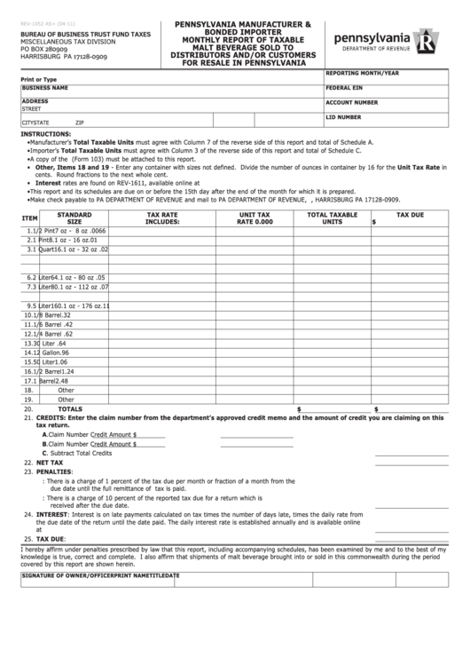 Form Rev-1052 - Pennsylvania Manufacturer & Bonded Importer Monthly Report Of Taxable Malt Beverage Sold To Distributors And/or Customers For Resale In Pennsylvania Printable pdf