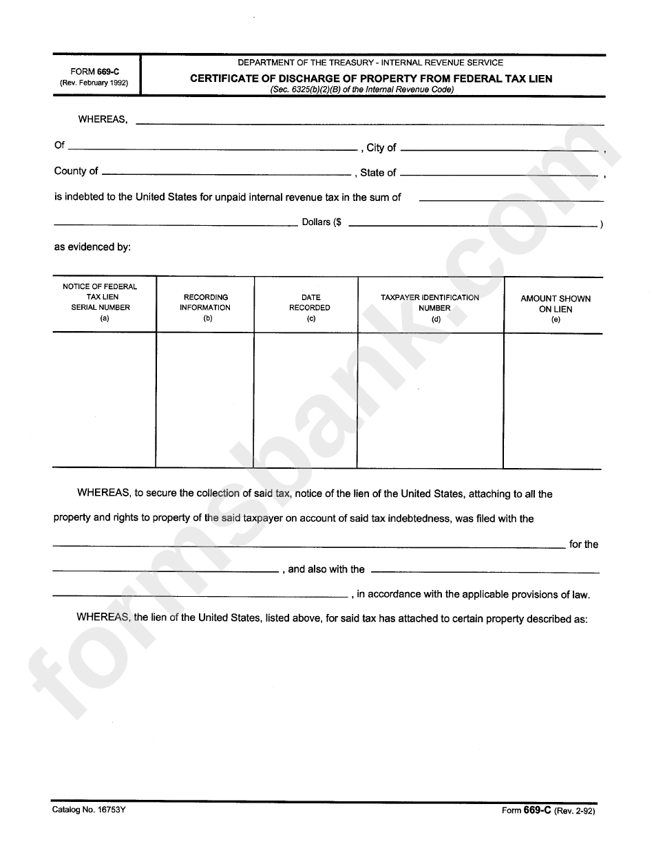 Form 669-C - Certificate Of Discharge Of Property From Federal Tax Lien - Department Of Treasury