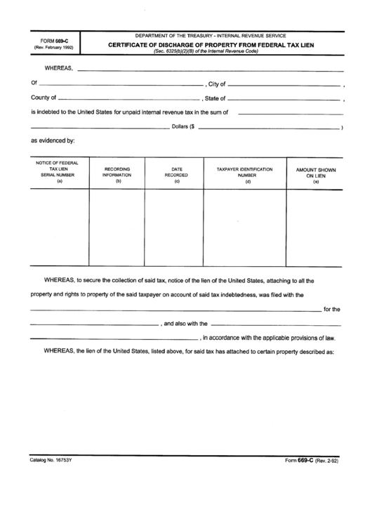 Form 669-C - Certificate Of Discharge Of Property From Federal Tax Lien - Department Of Treasury Printable pdf