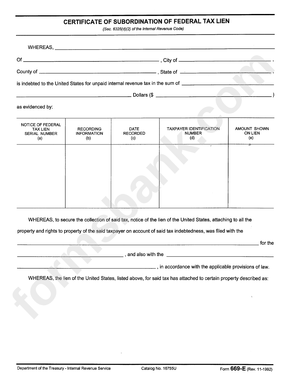 Form 669-E - Certificate Of Subordination Of Federal Tax Lien - Department Of Treasury