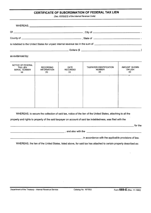 Form 669-E - Certificate Of Subordination Of Federal Tax Lien - Department Of Treasury Printable pdf