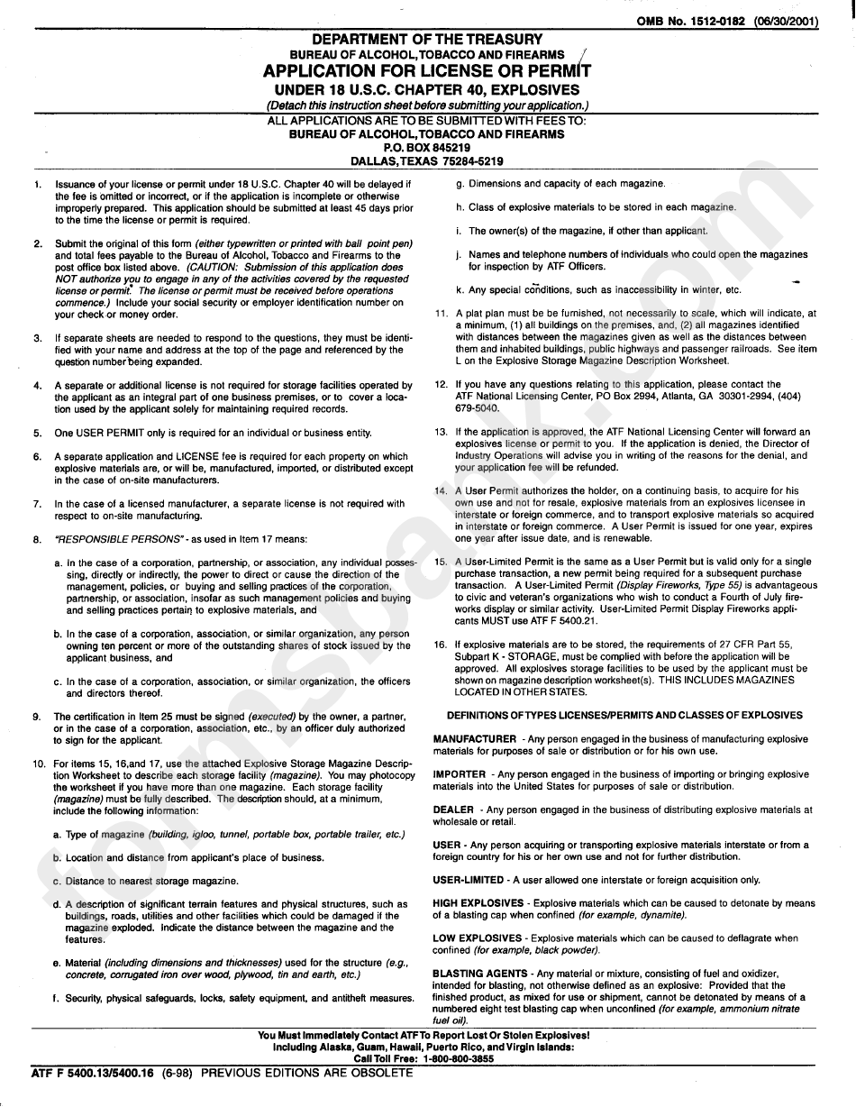 Instructions For Application For License Or Permit - Department Of The Treasury