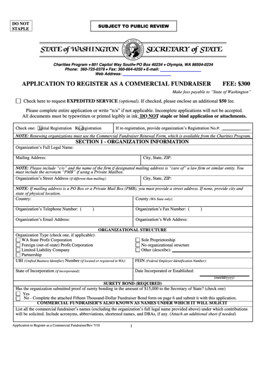 Fillable Application To Register As A Commercial Fundraiser - Washington Secretary Of State Printable pdf