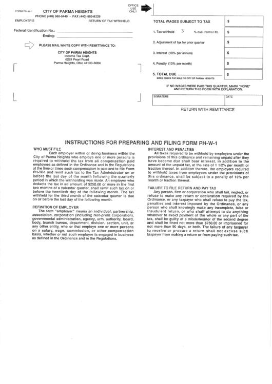 Form Ph-W-1 - Return Of Tax Withheld - City Of Parma Heights - Income Tax Department Printable pdf