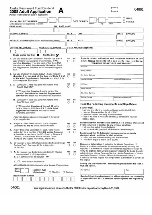 2008 Adult Application - Alaska Permanent Fund Dividend Printable pdf