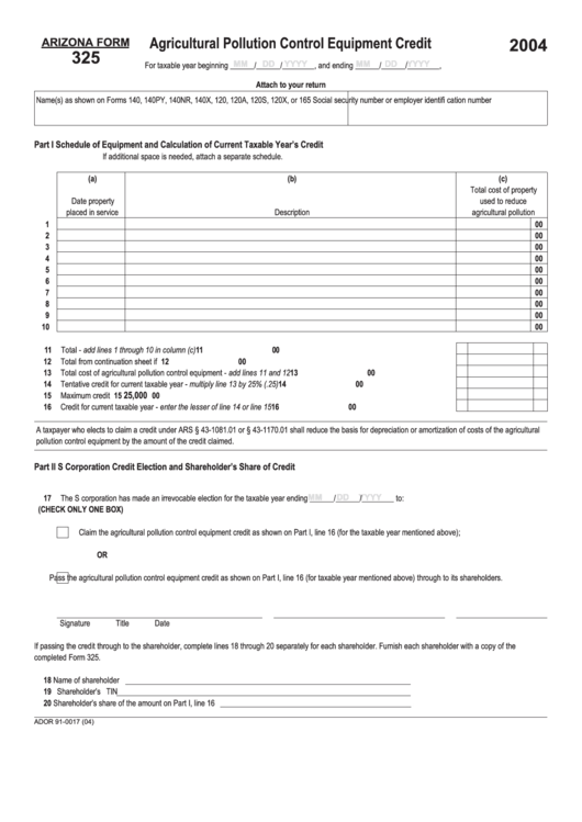 Arizona Form 325 - Agricultural Pollution Control Equipment Credit - 2004 Printable pdf