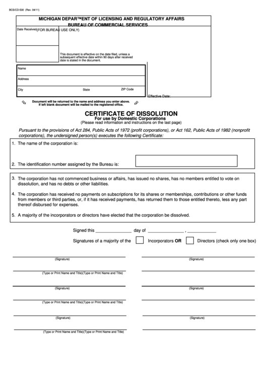 Fillable Form Bcs/cd-530 - Certificate Of Dissolution - Michigan Department Of Licensing And Regulatory Affairs Printable pdf