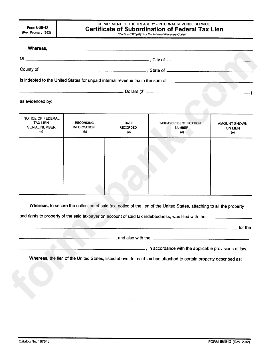 Form 669-D - Certificate Of Subordination Of Federal Tax Lien - Department Of Treasury