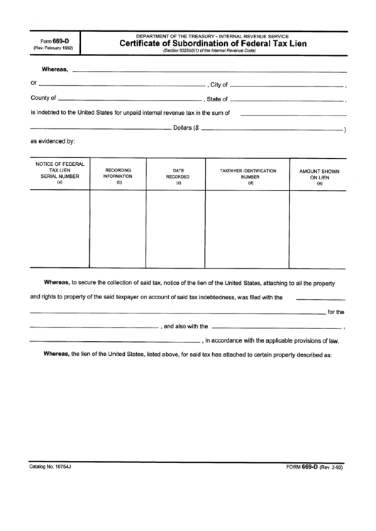 Form 669-D - Certificate Of Subordination Of Federal Tax Lien - Department Of Treasury Printable pdf