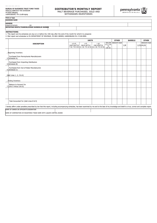 Form Rev 1014 Distributor S Monthly Report Malt Beverage Purchased 