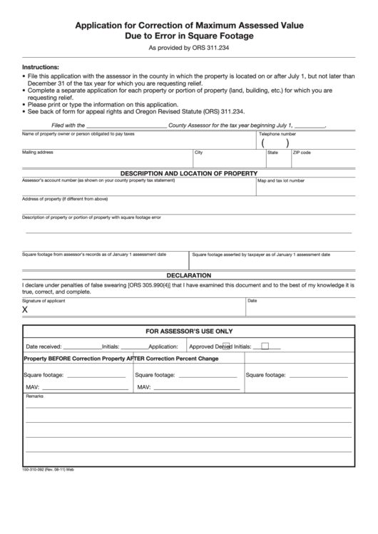 Fillable Form 150-310-092 - Application For Correction Of Maximum Assessed Value Due To Error In Square Footage Printable pdf