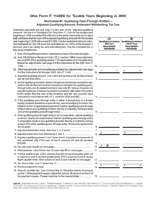 Ohio Form It 1140es For Taxable Years Beginning In 2006 Printable pdf
