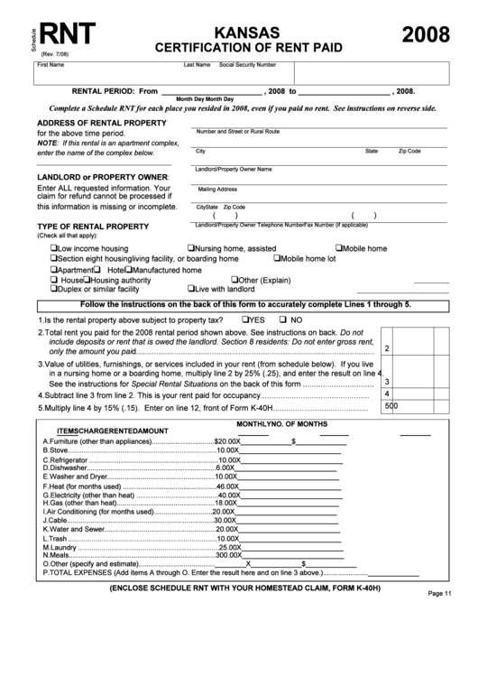 Schedule Rnt - Kansas Certification Of Rent Paid - 2008 Printable pdf