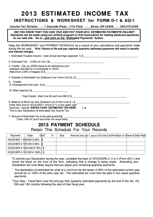 Estimated Income Tax Instructions & Worksheet For Form D-1 & Aq-1 - Income Tax Division - 2013 Printable pdf